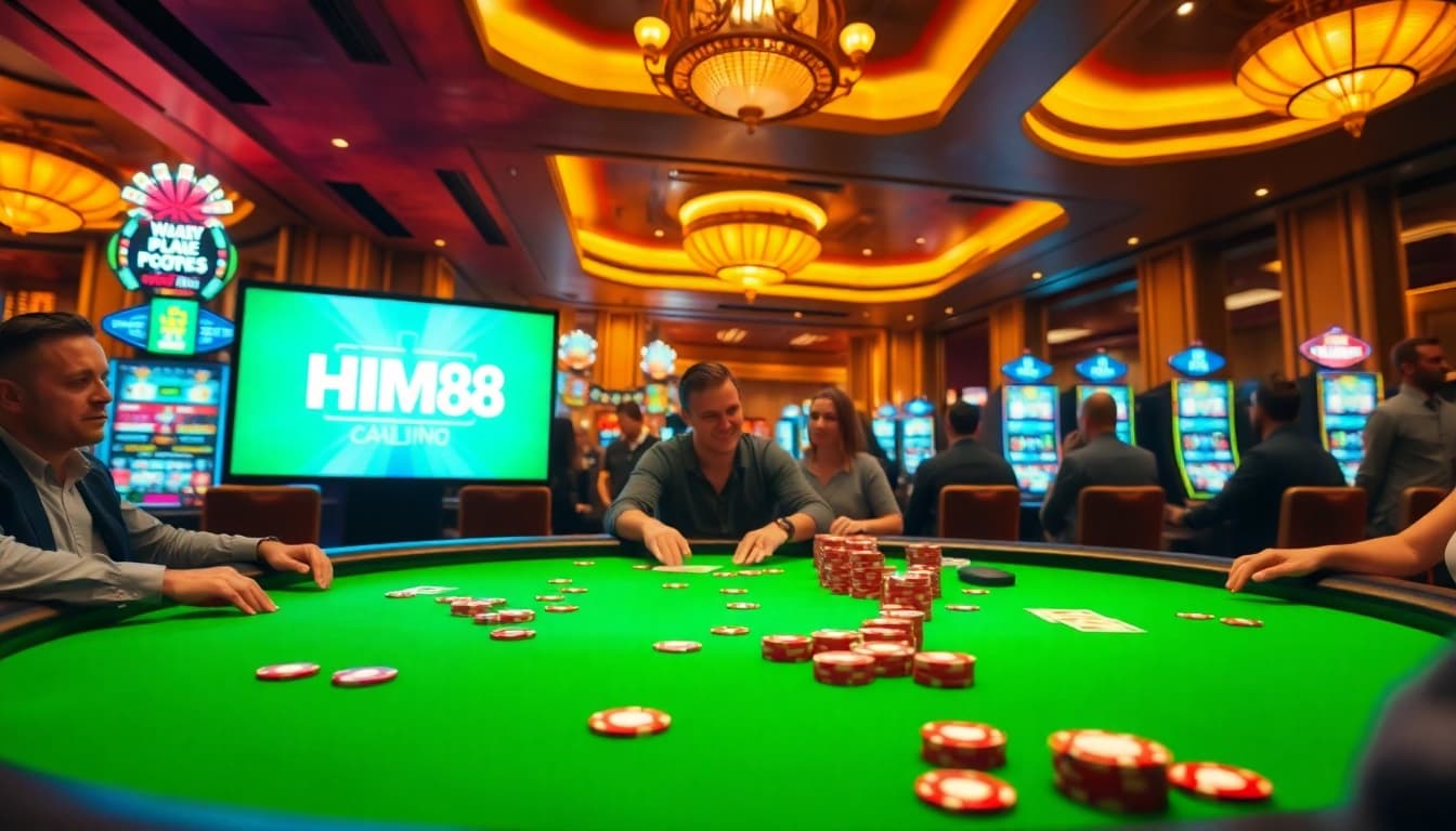 Players enjoying poker at HM88 casino with vibrant chips and modern ambiance