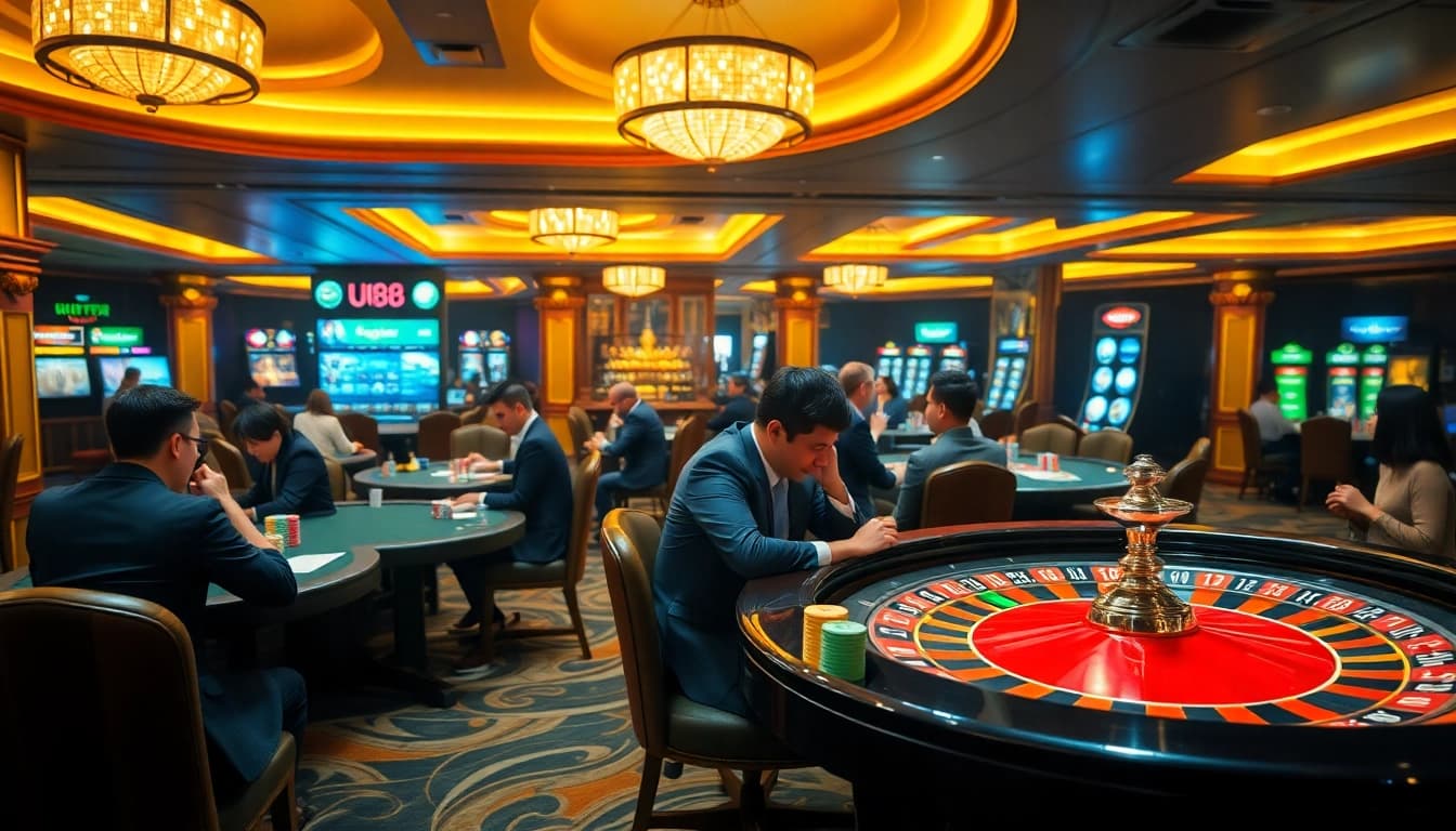 UU88 players enjoying vibrant casino action with poker chips and roulette table.