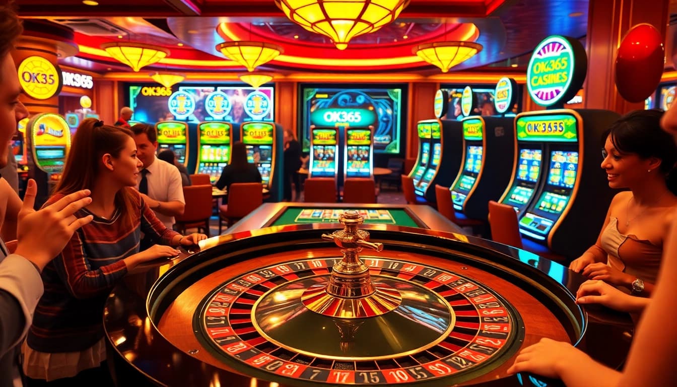 Players enjoy a thrilling game at the OK365 roulette table, surrounded by vibrant slot machines.