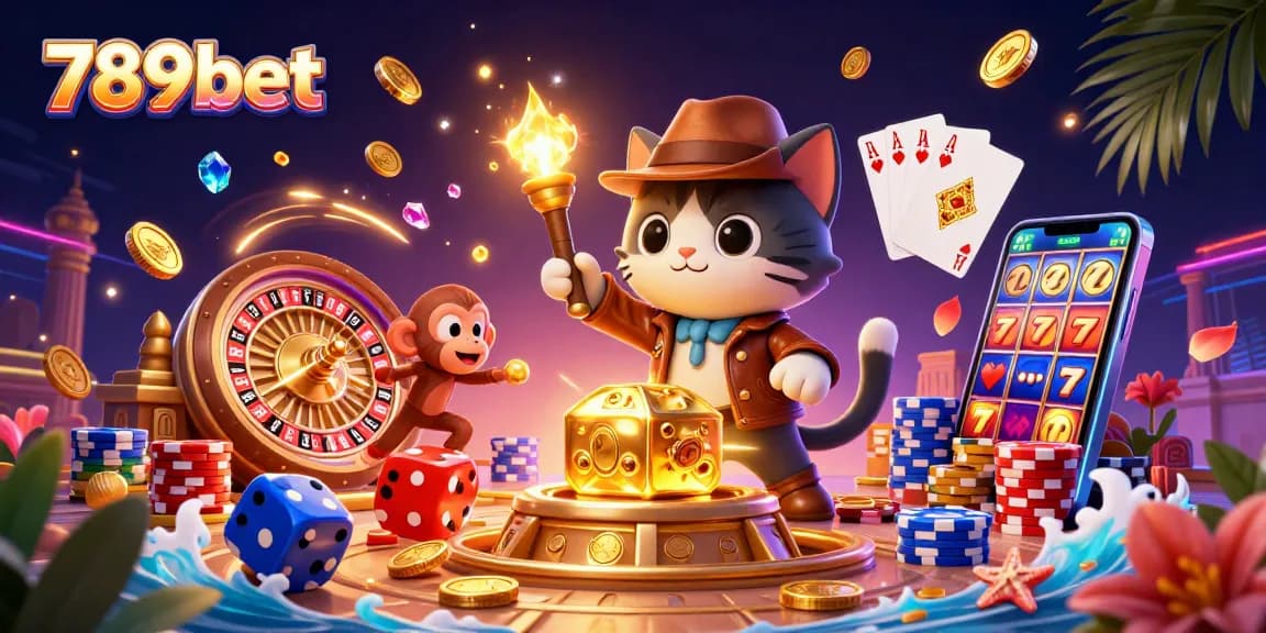 Play slots and win at 789bet with golden coins, vibrant game elements, and casino artifacts.