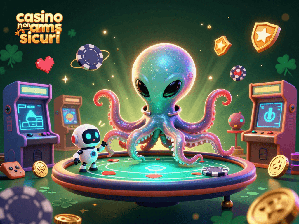 Gioca nei casino non AAMS sicuri con il nostro alieno polpo e robot in una scena vibrante e divertente.