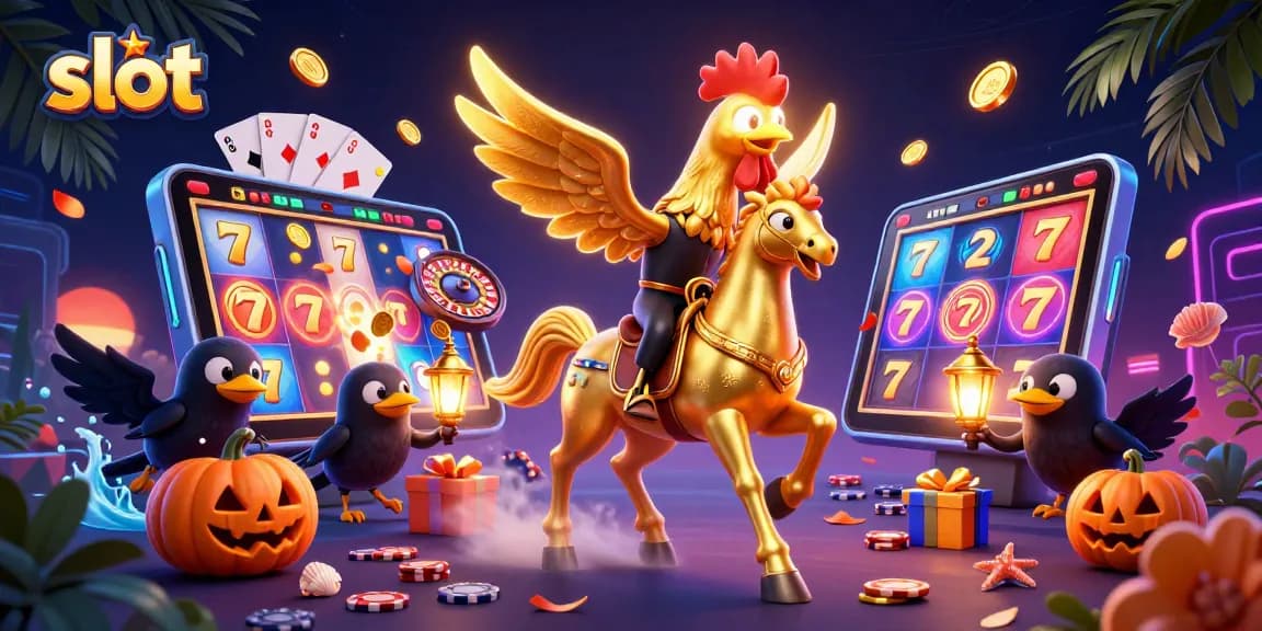 Spin lucky slot games with golden rooster in a vibrant casino scene.