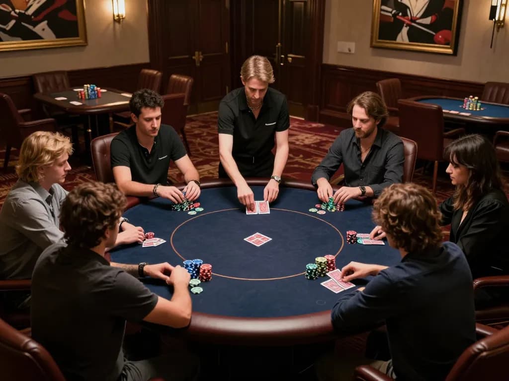 Engaging scene of players at a high-stakes poker table highlighting nhà cái uy tín nhất hiện nay with strategic gameplay.