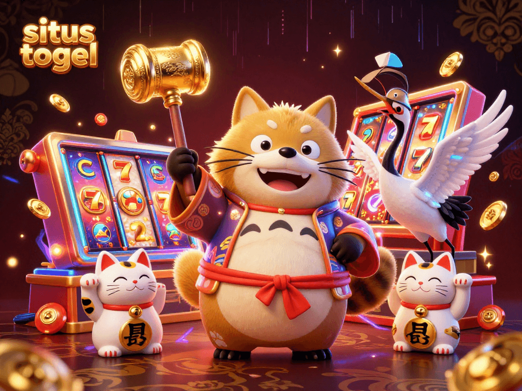 Experience situs togel excitement with cheerful tanuki, vibrant slot reels, and fortune cats in a lively 3D scene.