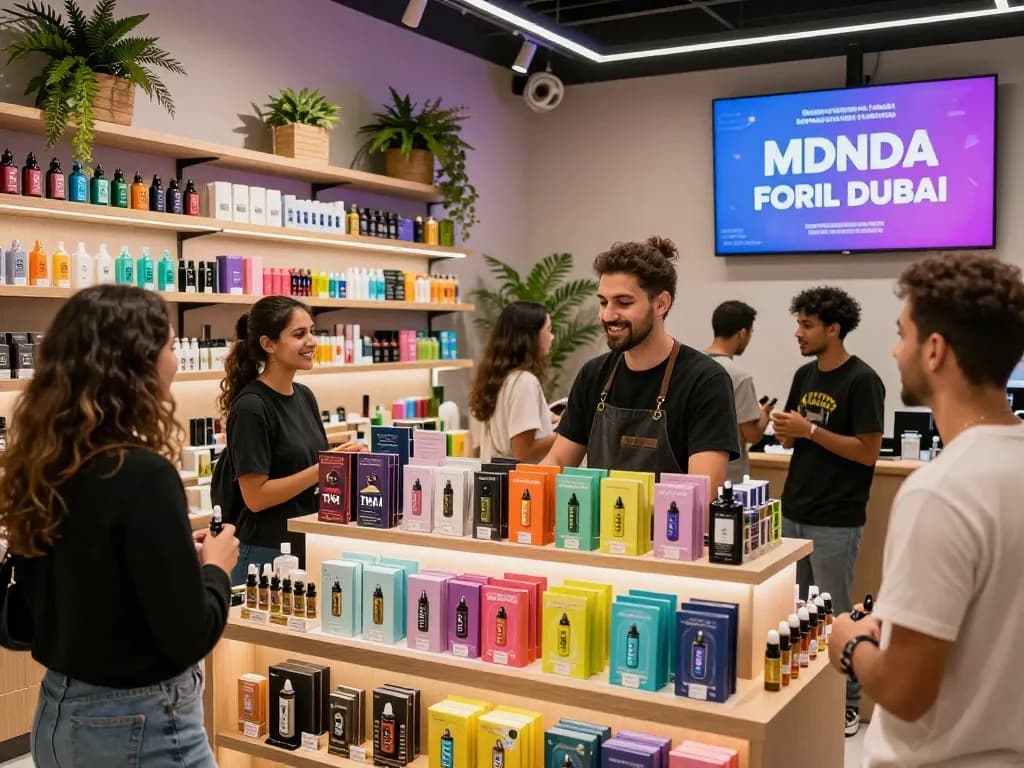 MDMA for sale in Dubai highlighted at a trendy cannabis shop with vibrant THC vapes.