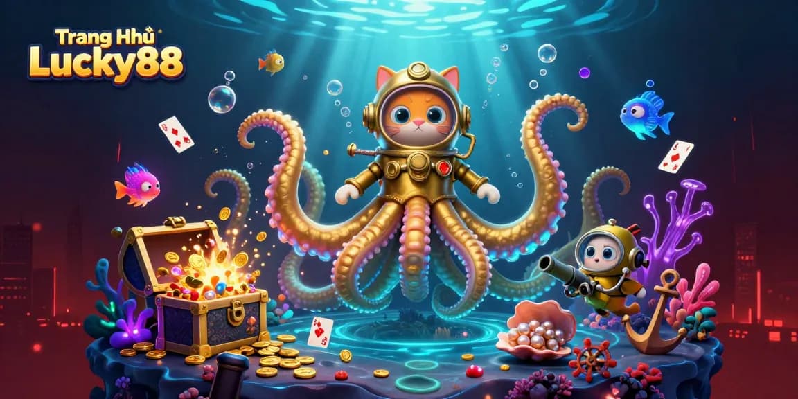 Engage with Trang Chủ Lucky88's vibrant world, featuring a colossal kraken and diving cat amid treasure in a deep-sea casino.