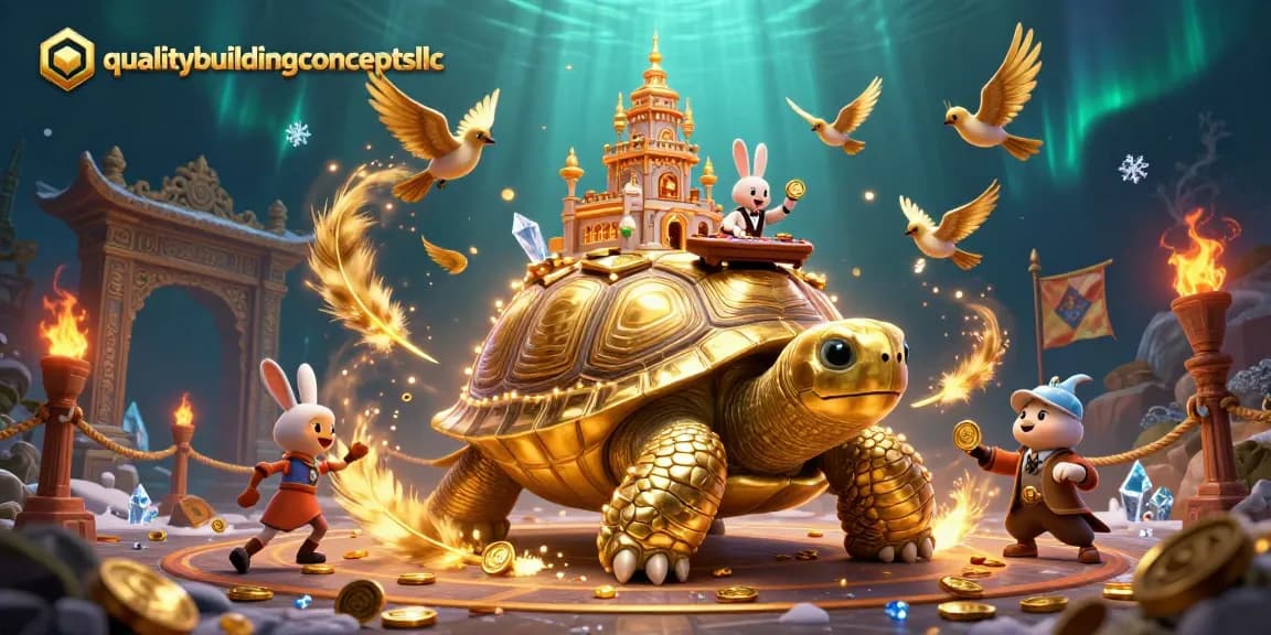 Qualitybuildingconceptsllc features a playful golden tortoise casino scene with dynamic gambling elements.