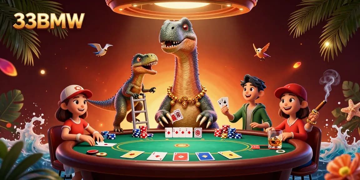 Engaging 33BMW gambling scene with a giant cartoon dinosaur and a clever raptor dealing cards.