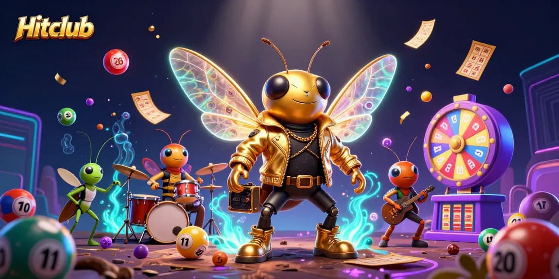 Hitclub's rock star cicada performs amidst a vibrant display of casino game elements.