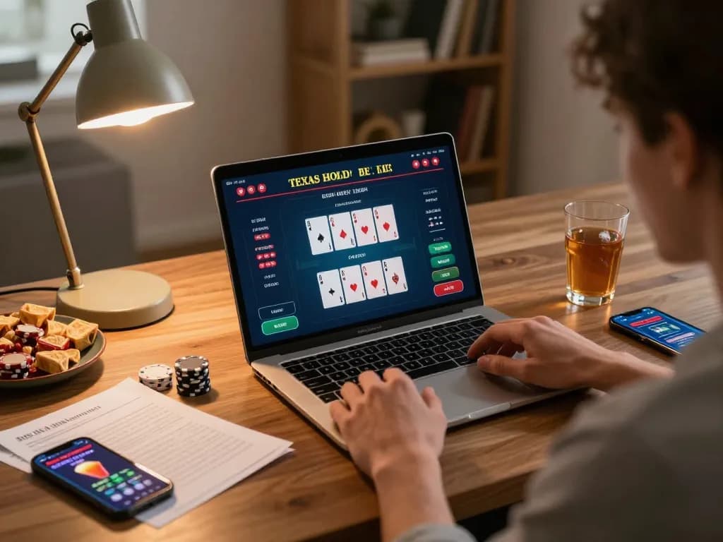 Freecuci365 player strategizing for an online poker session in a cozy home office setting.