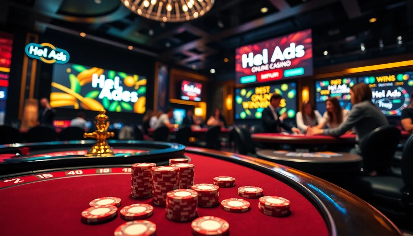 Engaging players at a luxurious casino with Hela Ads promotional display, showing vibrant poker action.