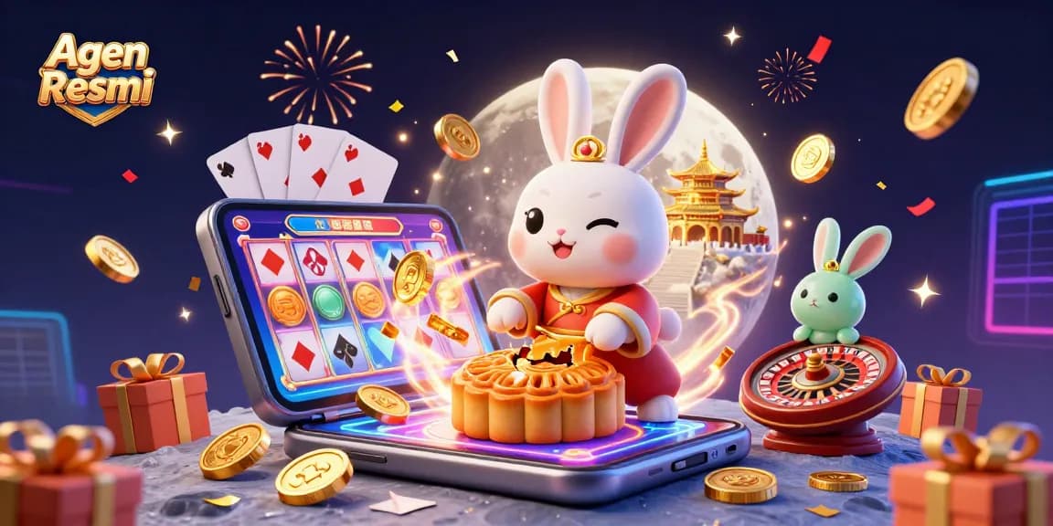 Agen Resmi showcases a colorful slot game scene with vibrant characters, festive elements, and interactive gaming features.