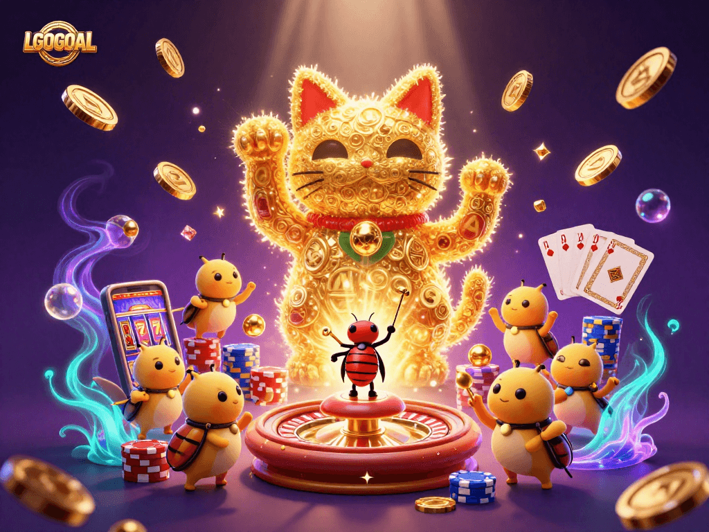 Experience gaming with LGOGOAL's vibrant lucky cat and cascading casino elements.