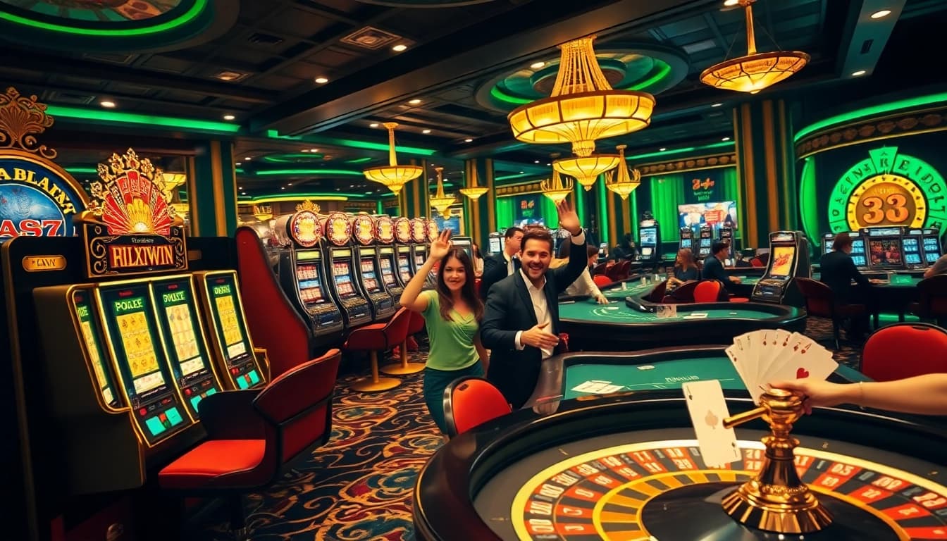 Experience the thrilling atmosphere of 32WIN casino with vibrant games and eager players.