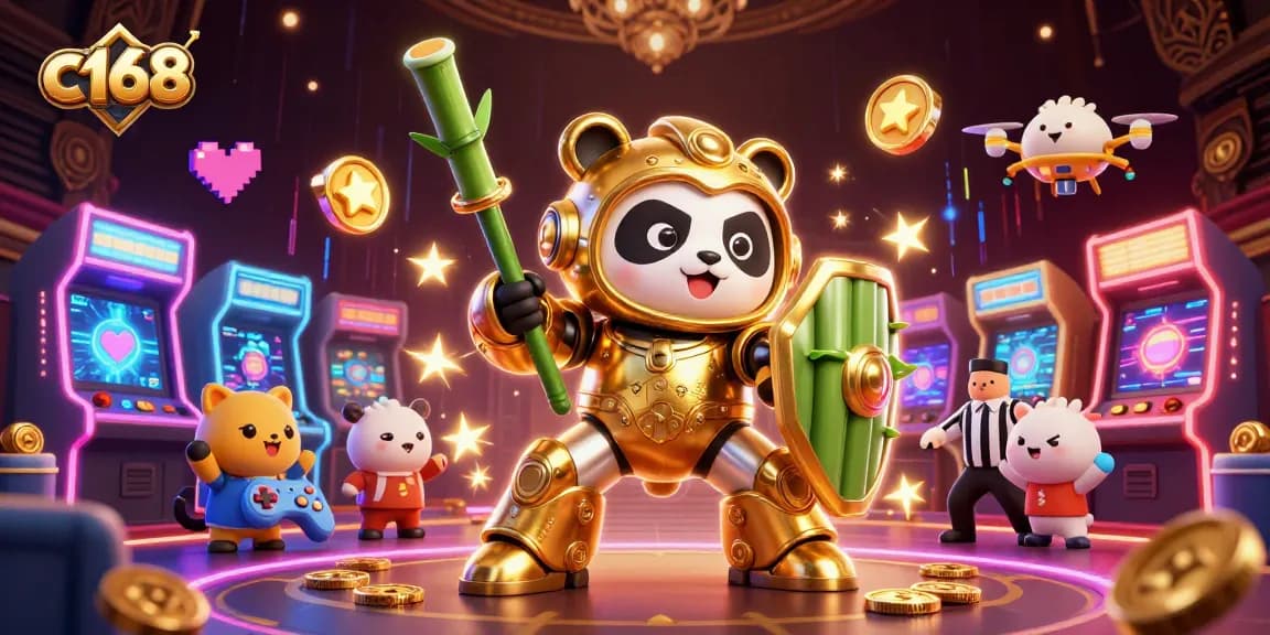 C168 showcases a vibrant gaming arena featuring engaging characters and colorful gaming machines.