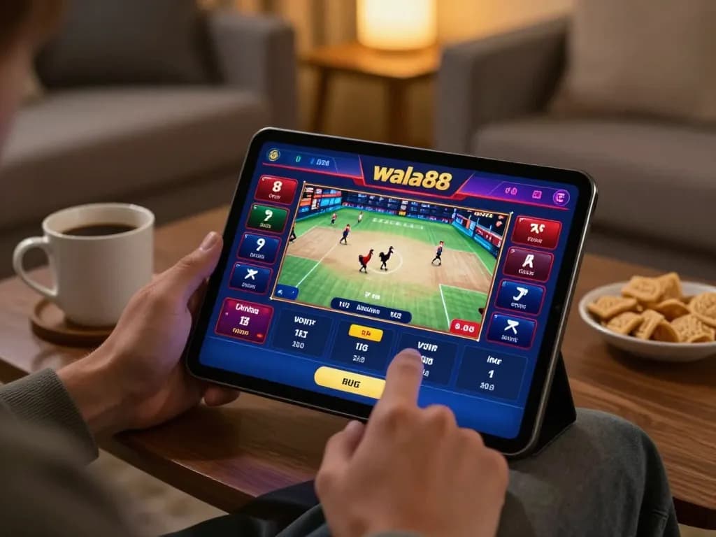 wala88 user engaging with live betting interface for cockfights in a cozy setting