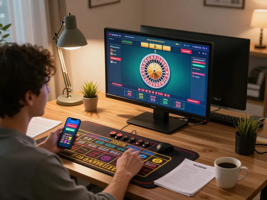 Surebetsg player engaging in live roulette betting from a cozy home setup, showcasing strategic gaming atmosphere.