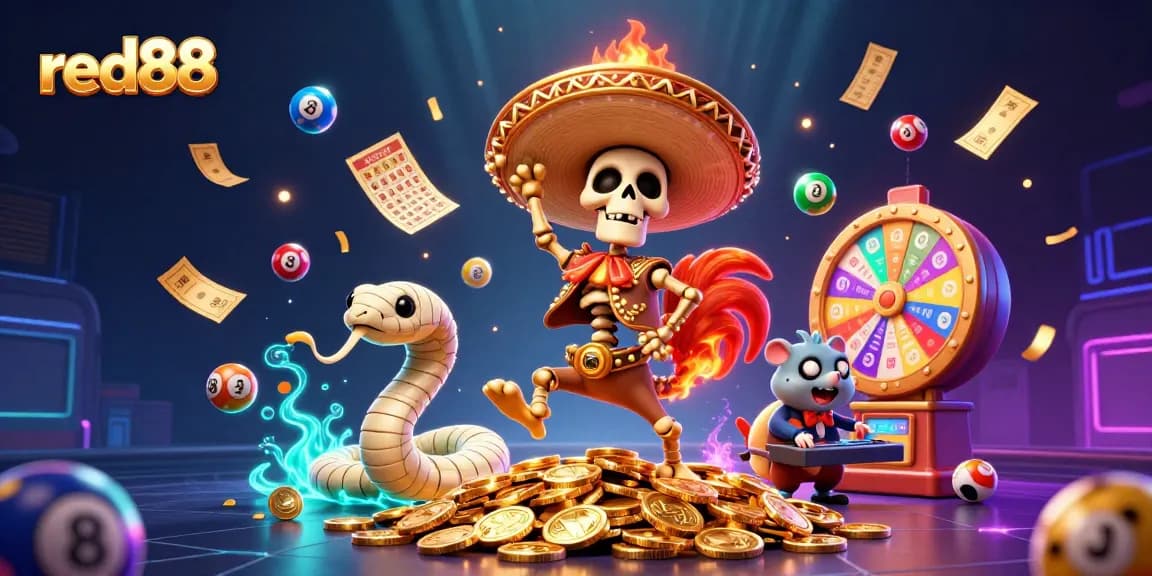 Engage with red88's vibrant casino world, featuring a festive skeleton mariachi rooster and lively game elements.