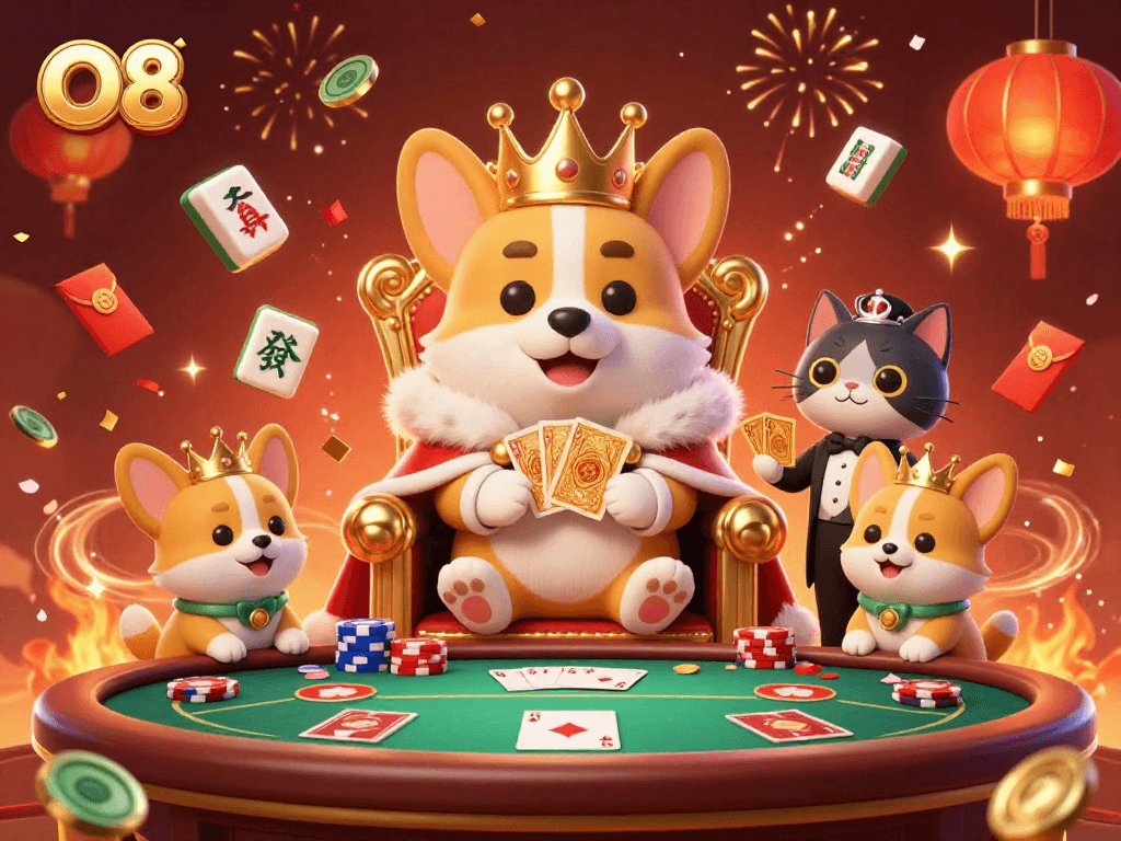 Experience the royal challenge of poker at O8 with a charming corgi and lively gaming elements.