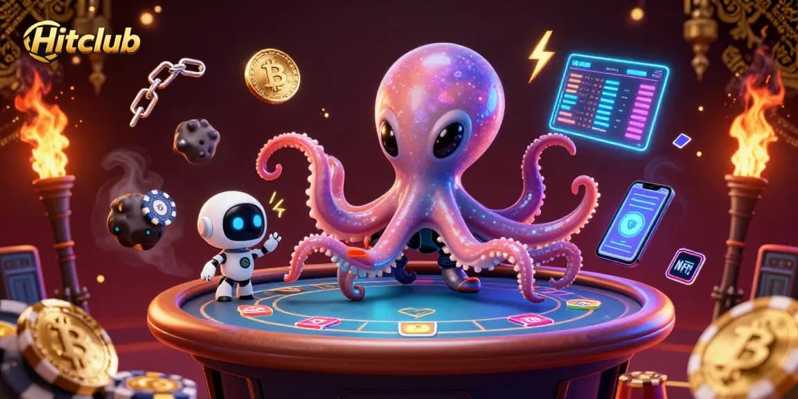 Engage in thrilling gameplay with Hitclub as an alien octopus and robot play poker amidst cosmic elements.