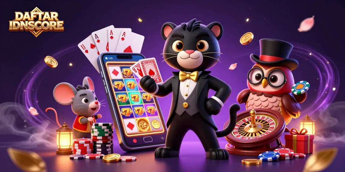 Engage in DAFTAR IDNSCORE with a stylish black panther dealing cards amid vibrant casino elements.