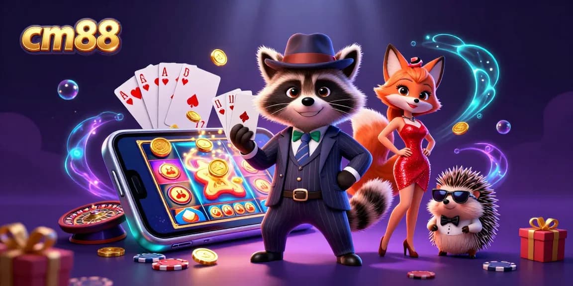 Experience the excitement at cm88 with a winning hand held by a suave raccoon character surrounded by vibrant casino elements.