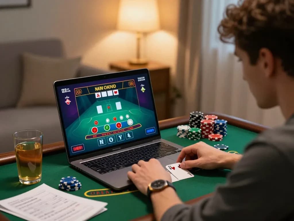 Player engaging in an online xx88 blackjack game at home with chips and strategy notes.