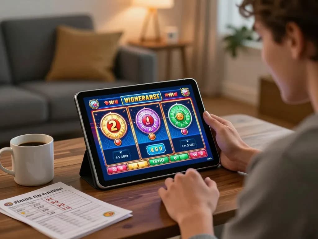 Player enjoying slot gacor gaming on a tablet at home, highlighting strategic engagement and cozy atmosphere.