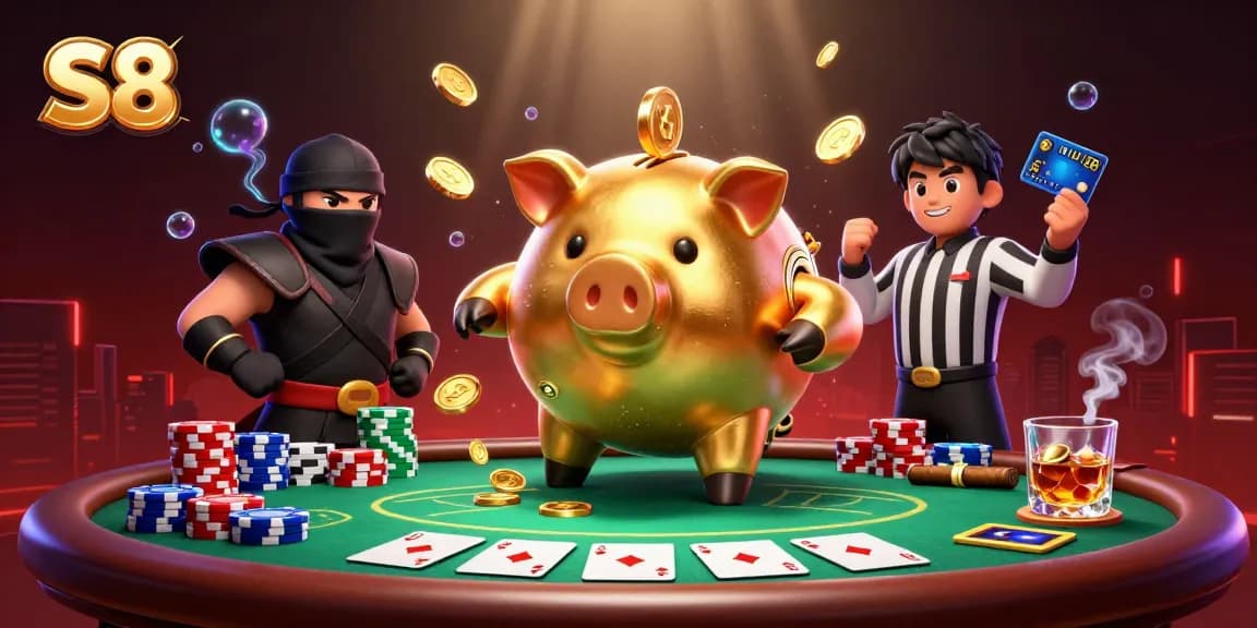 Win big at S8 with golden coins and poker action in an exciting casino showdown.