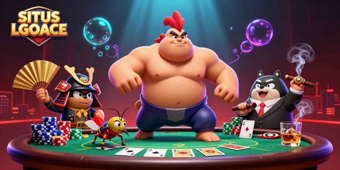 SITUS LGOACE showcases an energetic poker scene with a powerful rooster and samurai cricket.
