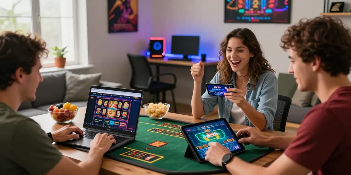 Players enjoying a credit card casino experience at home with laptops and smartphones at https://brcs.co.uk, showcasing excitement and engagement.