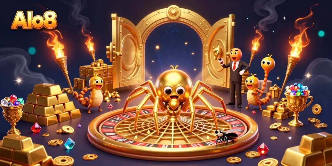Experience thrilling bets at Alo8 with a 3D golden spider spinning a roulette wheel web.