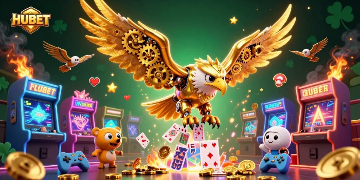 Experience HUBET with a vibrant 3D scene of a cybernetic eagle amidst casino elements, illuminating the gaming world.