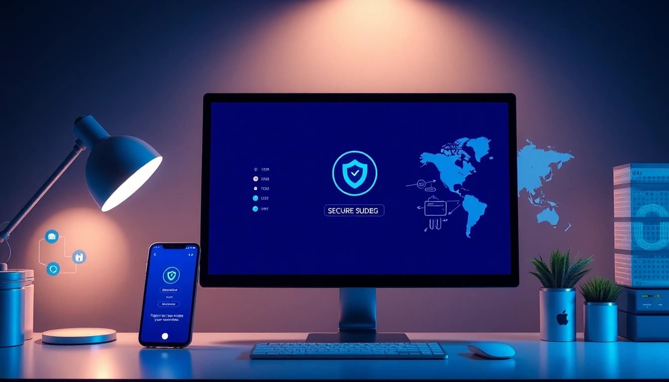 快连下载 interface displayed on a computer, showcasing secure network connections in a modern workspace.