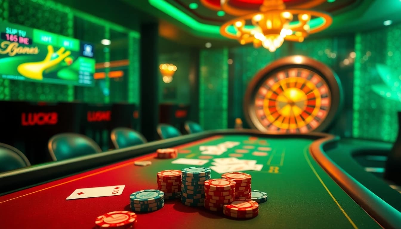 Experience thrilling gameplay at luck8 casino with vibrant poker tables and a spinning roulette wheel.