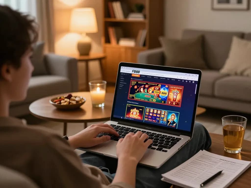 Engaging with FB88 online casino on a laptop while enjoying a cozy home setup.