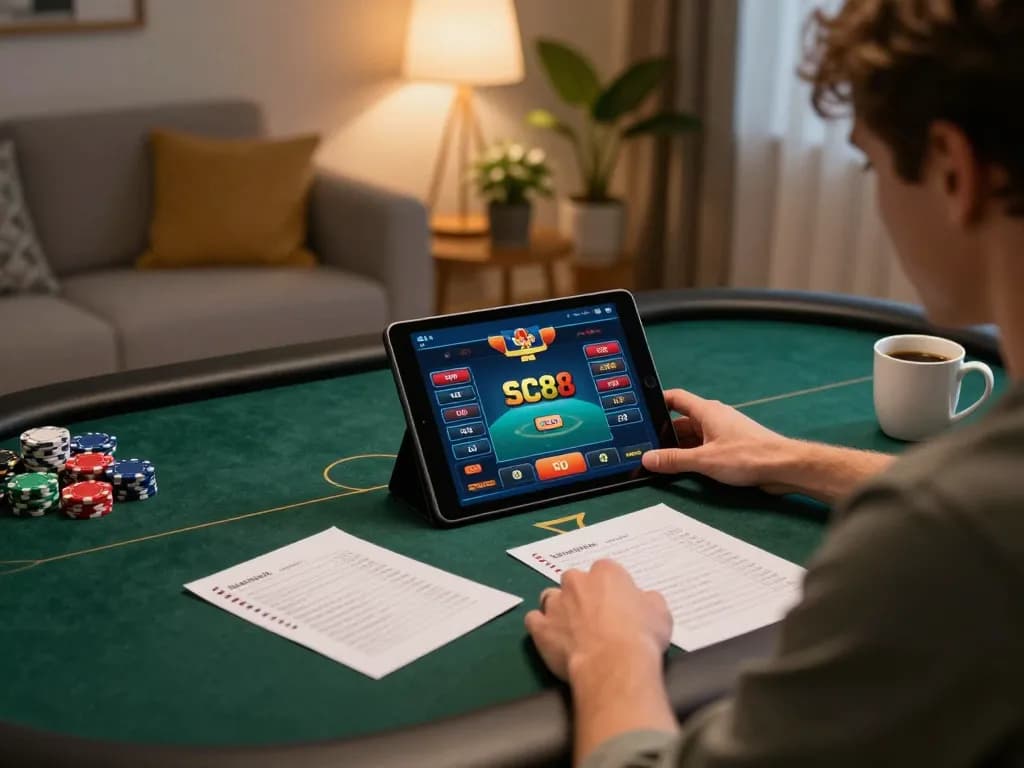 Player engaging in SC88 online poker, showcasing strategy notes and calm home setting