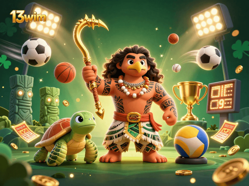 Engage in thrilling gameplay at 13wim with a dynamic 3D casino scene filled with sports elements.