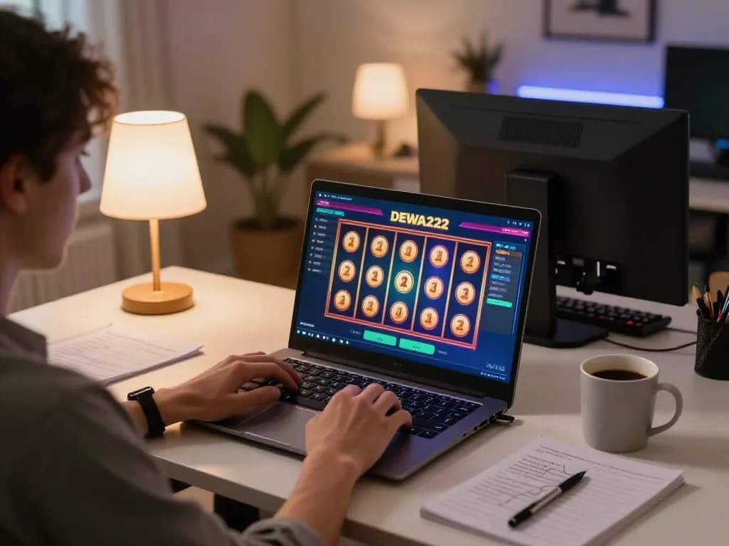 DEWA222 gaming setup showing a player engaged in exciting online slots with immersive visuals.