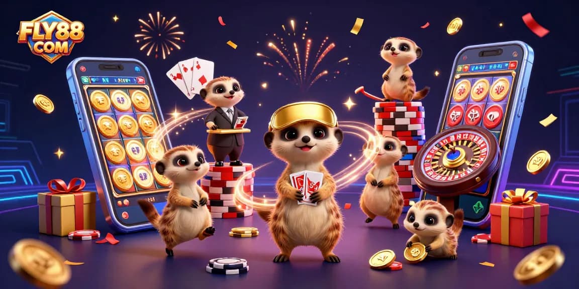 Engage with vibrant gaming moments at FLY88 COM while meerkats orchestrate a casino extravaganza!