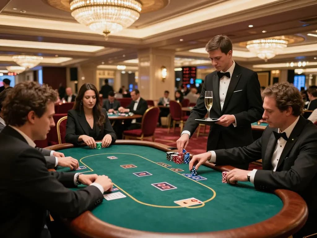 LC88 VIP gaming experience with players engaged in high-stakes poker action in an upscale casino.