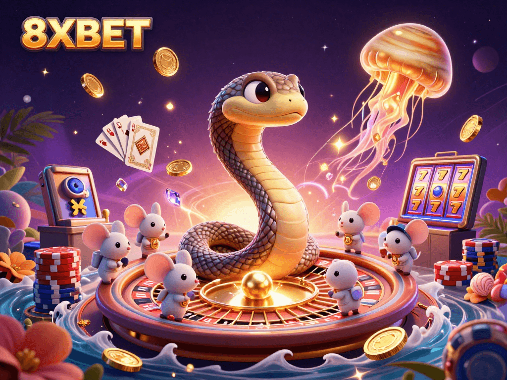 Experience exciting gameplay at 8XBET with a vibrant cosmic scene filled with gaming elements.