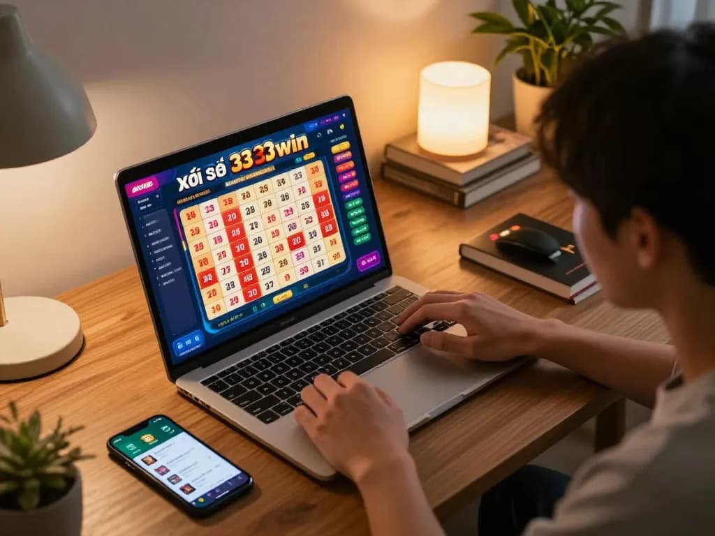xổ số 33win showcasing a user engaged in an online lottery game at home, highlighting strategic gaming moments.