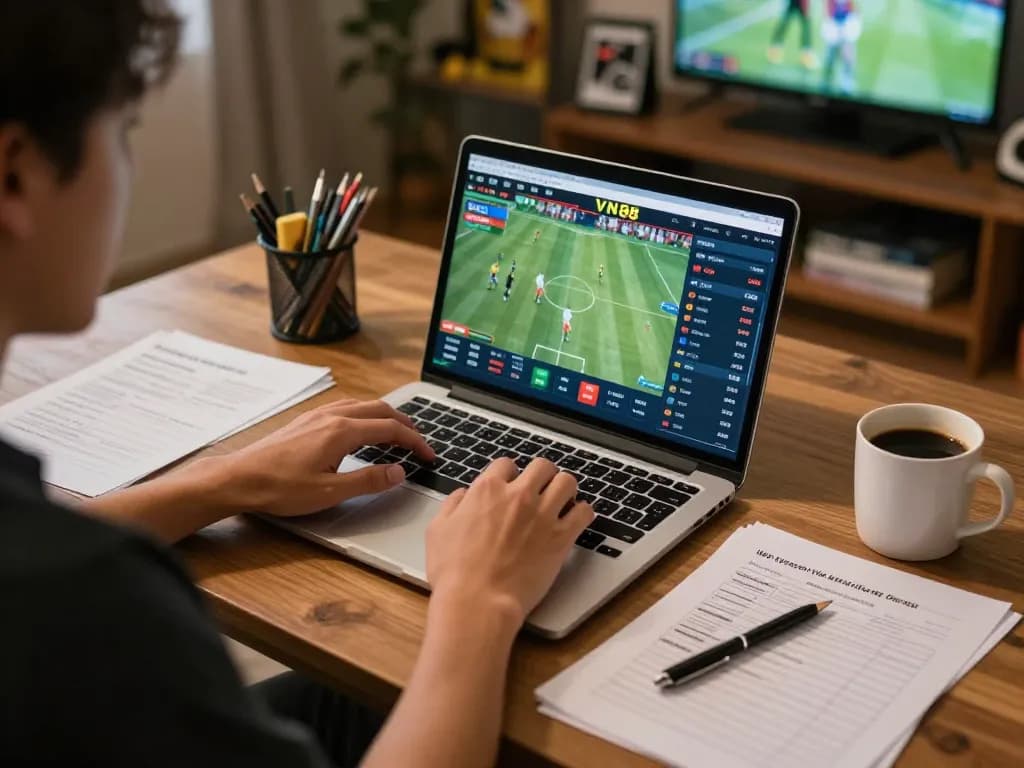 Experience thrilling sports betting with VN 88 on a cozy home setup displaying live odds.