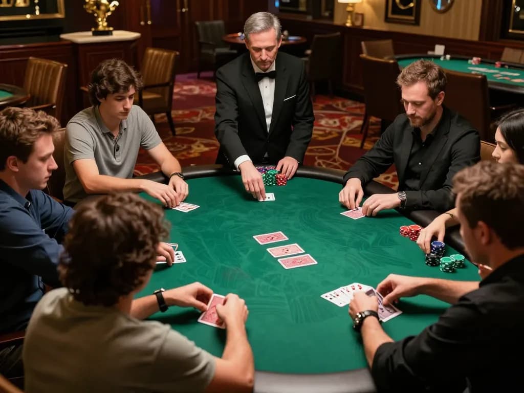 Players strategizing during an exhilarating poker game at LC88 casino amidst luxury decor.