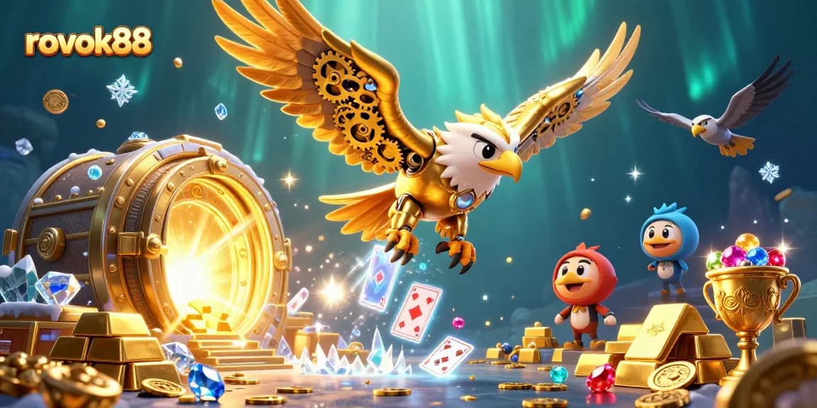 Experience thrilling gaming adventures with rokok88's vibrant 3D illustration of a golden eagle among dazzling casino elements.