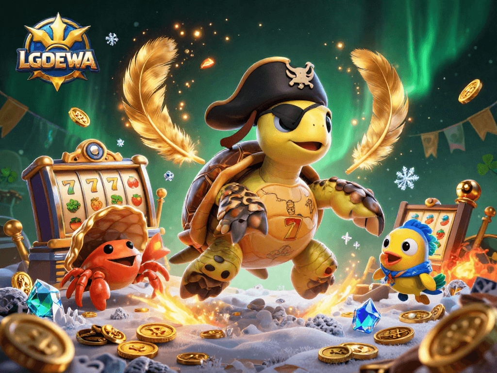 Engage with LGODEWA's vibrant slot games featuring a pirate turtle and treasures.