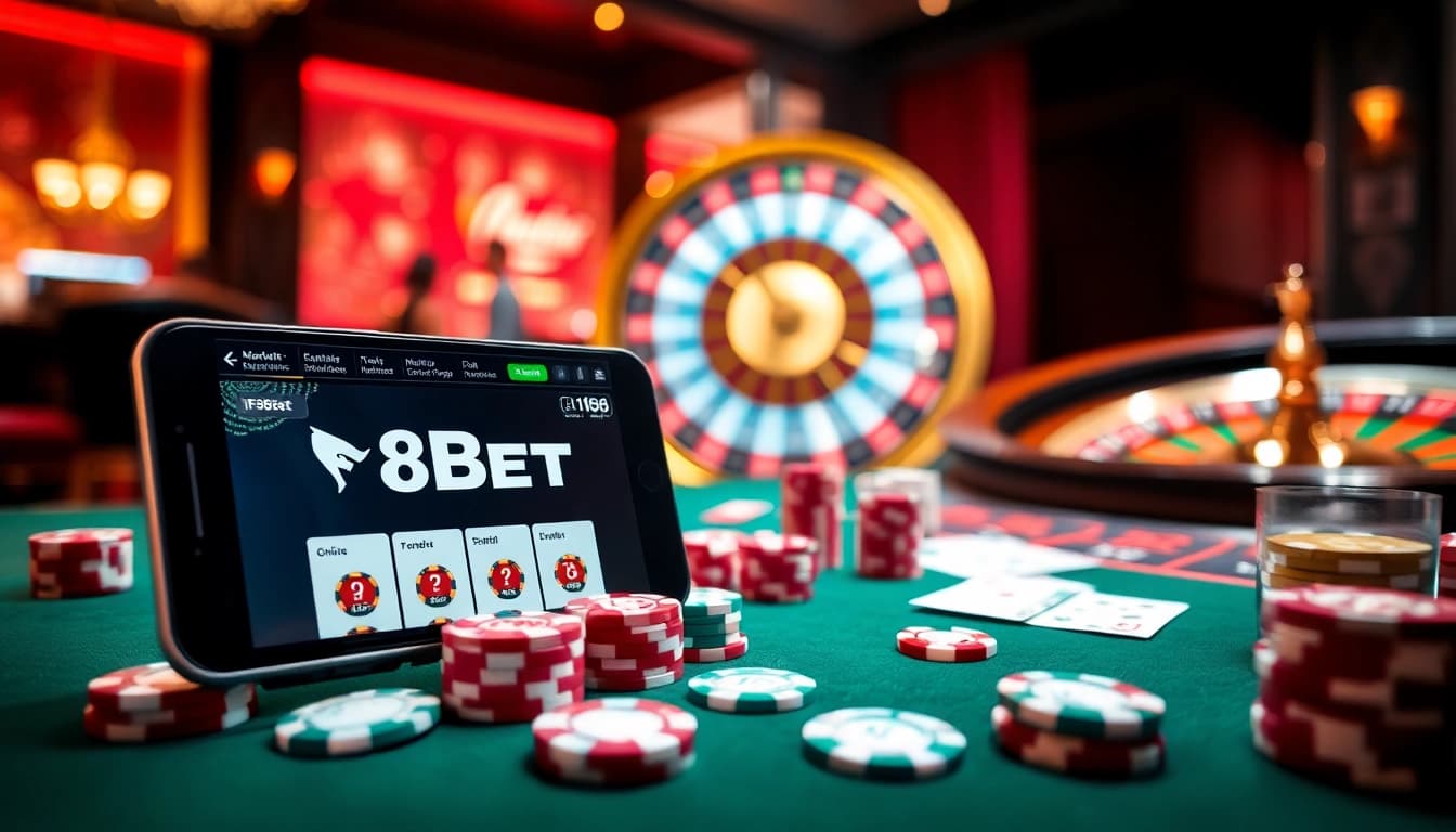 Experience thrilling online gambling at F8Bet with poker chips, a roulette wheel, and smartphone gaming.