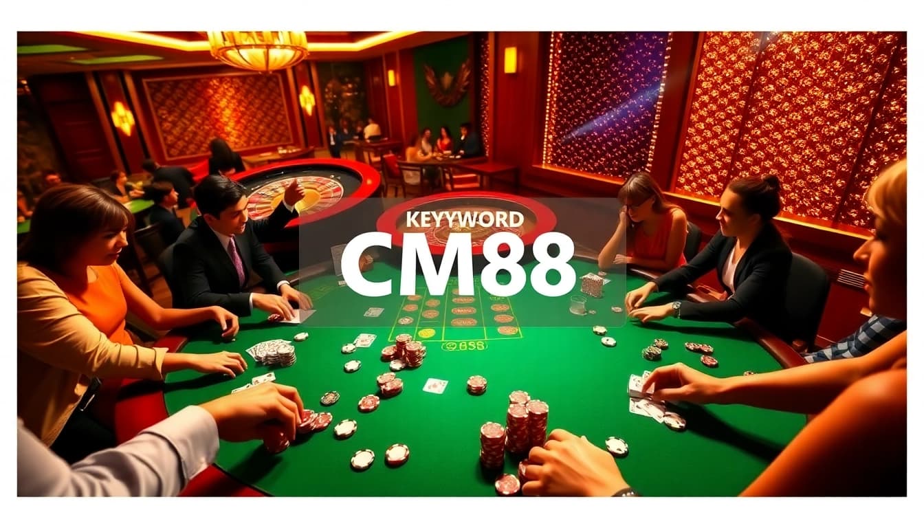 Experience thrill at a vibrant gaming table at CM88 Casino featuring poker chips and enthusiastic players.
