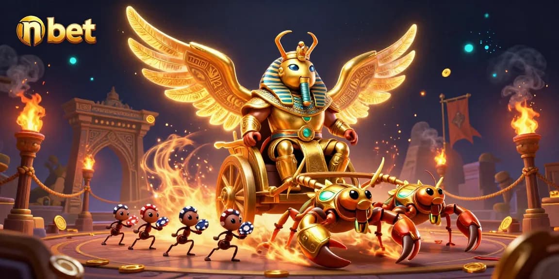 Engage with n bet's thrilling betting experience featuring a golden scarab and poker chip ant soldiers.